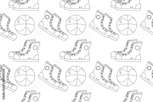 Seamless black and white vector pattern featuring basketball shoes and balls. Ideal for coloring books, kids activities, and back-to-school designs.