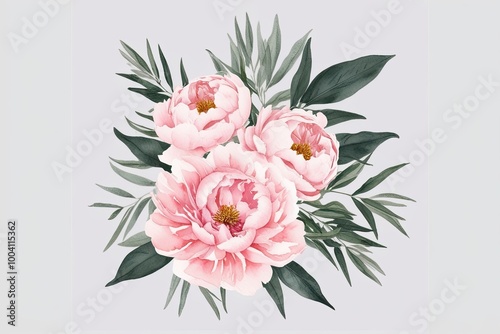 Blush Peony and Olive Leaf Watercolor Flower Illustration for Minimalist Home Decor