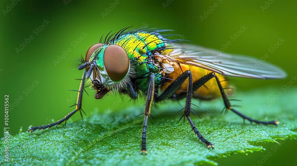 closeup of a fly resting on a green leaf showcasing intricate details of its wings and body against a blurred natural background emphasizing the beauty of small creatures closeup of a fly resting on a green leaf showcasing intricate details of its wings and body against a blurred natural background emphasizing the beauty of small creatures
