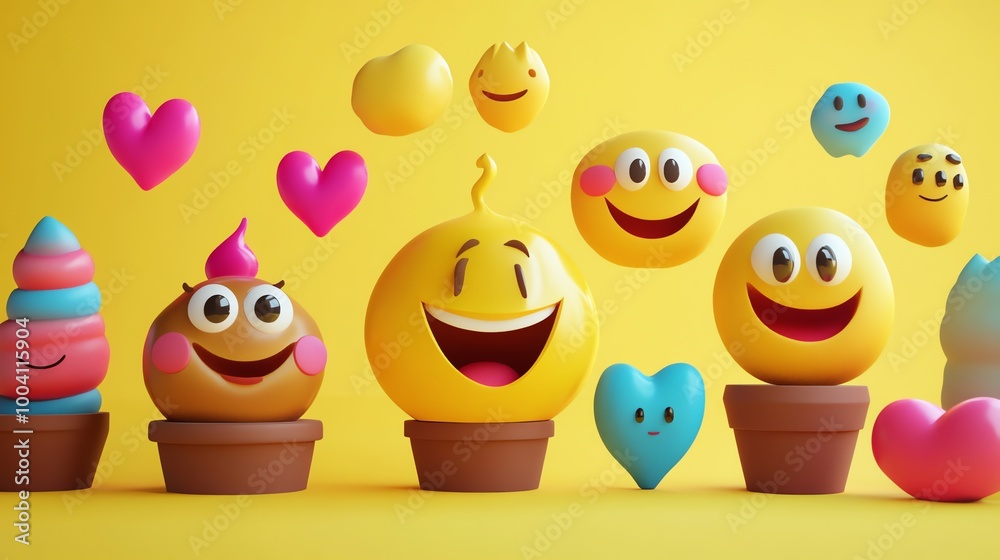 A collection of 3D emojis, with hearts floating around them. A collection of 3D emojis, with hearts floating around them.