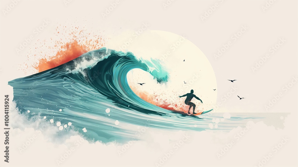 Fototapeta premium Surfer riding a giant wave with vibrant colors and ocean spray illustrative design