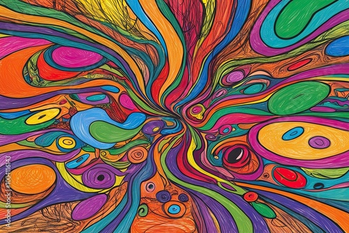 Vibrant Surrealist Doodle Illustration with Colorful Quirky Playful Abstract Texture Overlay