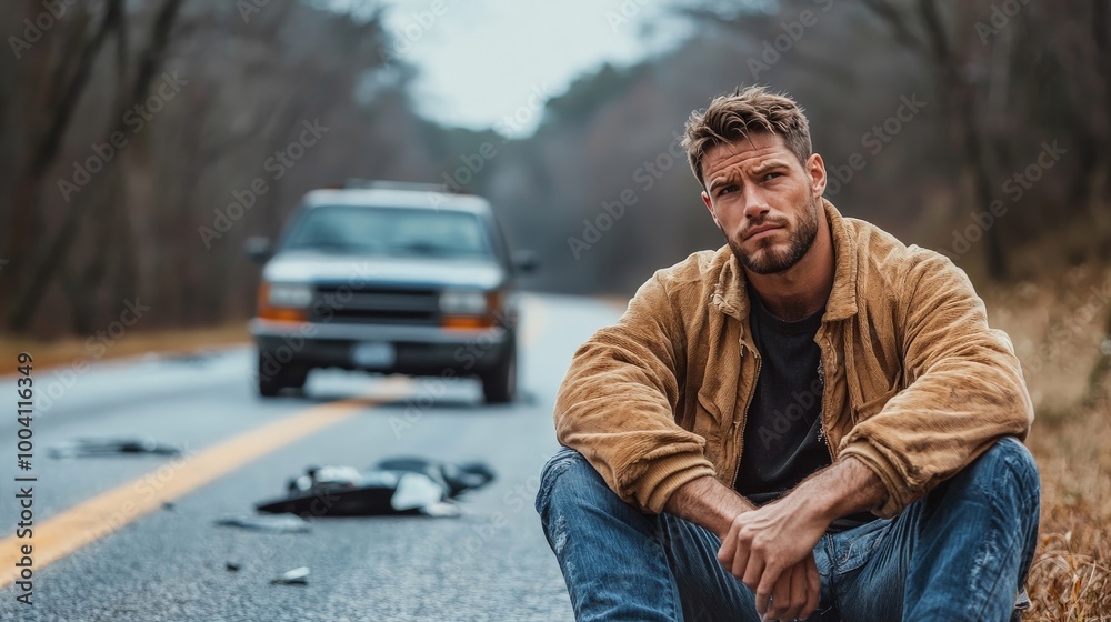 Man sitting on the side of the road after a car accident, looking distressed and anxious, with his crashed vehicle nearby, highlighting the emotional toll of the incident Man sitting on the side of the road after a car accident, looking distressed and anxious, with his crashed vehicle nearby, highlighting the emotional toll of the incident