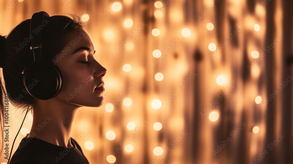 Young woman enjoying music with headphones, illuminated by warm glowing lights. Young woman enjoying music with headphones, illuminated by warm glowing lights.