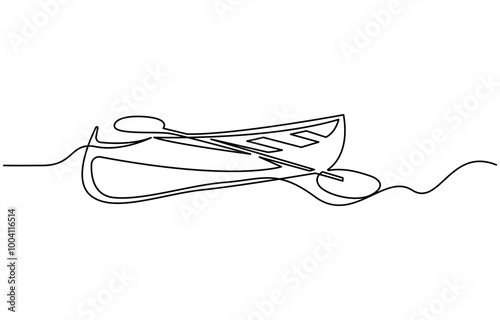 Single continuous line drawing canoe trails and rafting club with kayaking equipment. Vintage mountain, rafting, kayaking, paddling, canoeing camping. Outdoor Sports Continuous Line Editable Stroke,