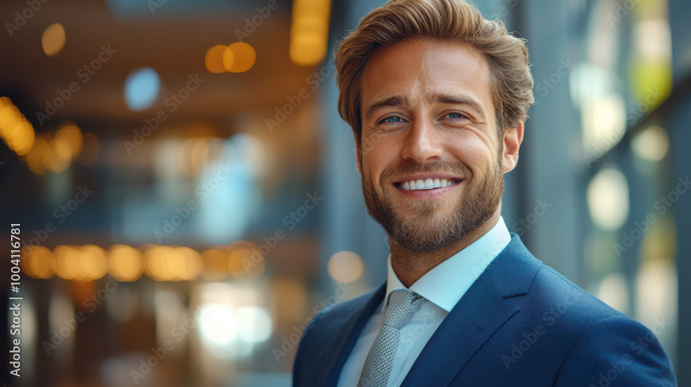 Smiling young businessman in formal suit, standing inside a modern office building. Confident corporate professional, successful entrepreneur, bright career, positive attitude, leadership, work Smiling young businessman in formal suit, standing inside a modern office building. Confident corporate professional, successful entrepreneur, bright career, positive attitude, leadership, work