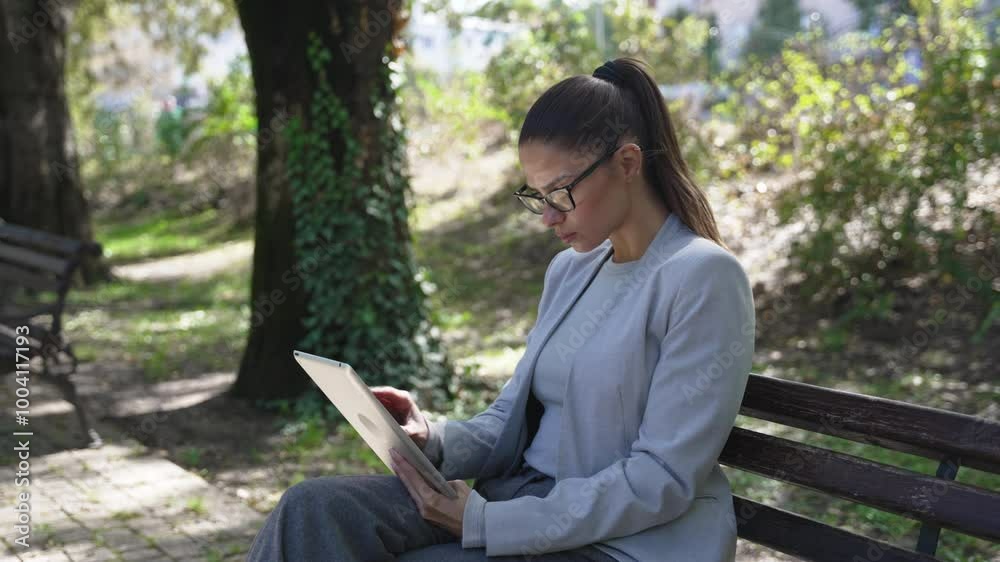 Caucasian successful young businesswoman working on digital tablet while sitting on bench in financial district park of city. Female businessperson office worker work on global business project Caucasian successful young businesswoman working on digital tablet while sitting on bench in financial district park of city. Female businessperson office worker work on global business project