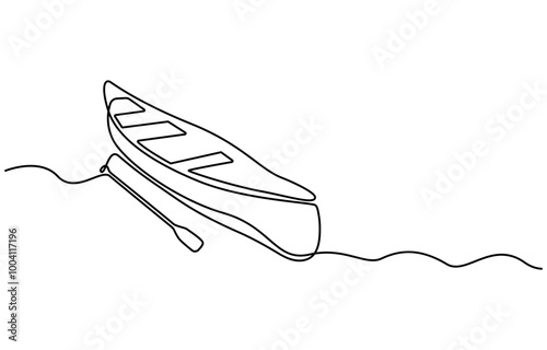 Single continuous line drawing canoe trails and rafting club with kayaking equipment. Vintage mountain, rafting, kayaking, paddling, canoeing camping. Outdoor Sports Continuous Line Editable Stroke,