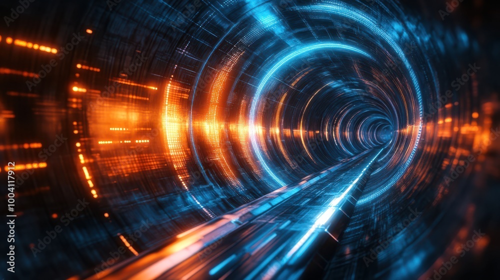 Futuristic glowing tunnel with vibrant blue and orange lights, creating a high-tech science fiction environment. Digital innovation, cyberpunk, data stream, immersive visual, speed, tech Futuristic glowing tunnel with vibrant blue and orange lights, creating a high-tech science fiction environment. Digital innovation, cyberpunk, data stream, immersive visual, speed, tech