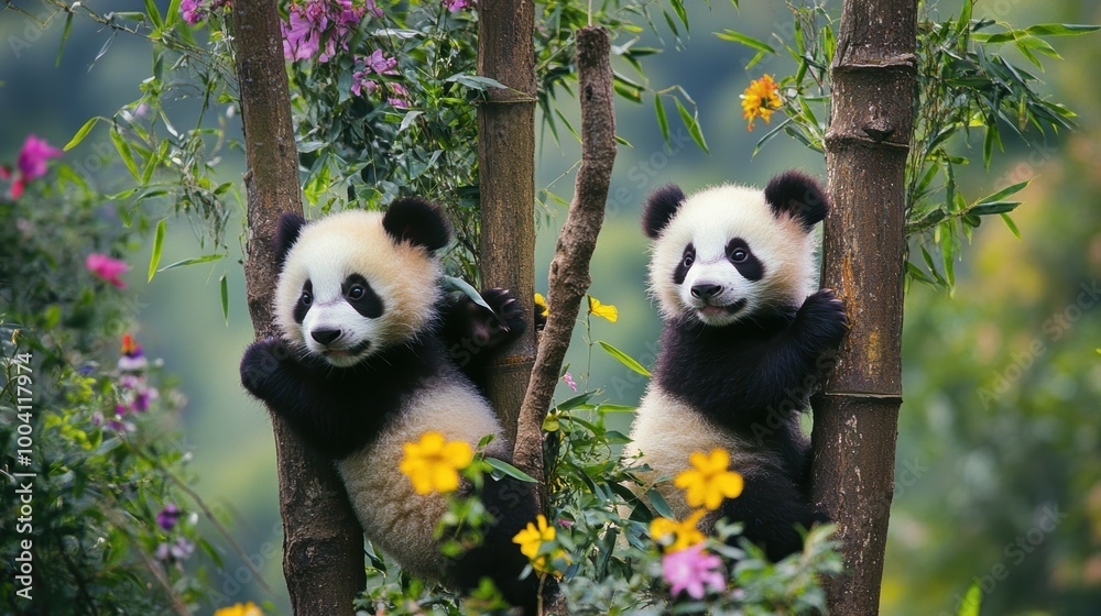 Obraz premium Playful Baby Pandas Climbing Trees in Vibrant Forest