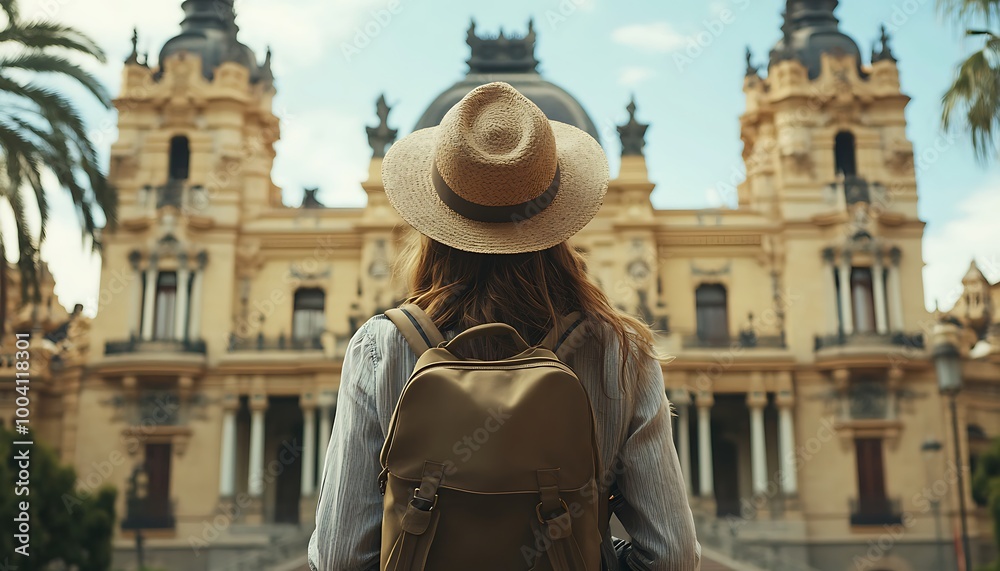 Fototapeta premium Back View of Woman Admiring a Beautiful Building in a Sunny City
