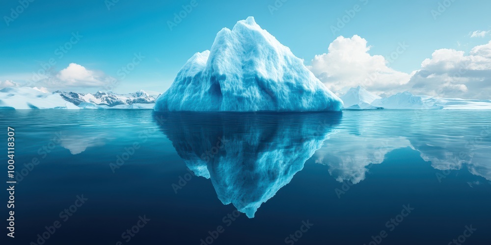 A stunning iceberg reflecting in calm ocean waters under a clear blue sky, showcasing the beauty of nature and tranquility. A stunning iceberg reflecting in calm ocean waters under a clear blue sky, showcasing the beauty of nature and tranquility.