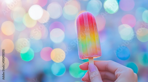 Vibrant ice cream popsicle in hand against a blurred background of colorful lights