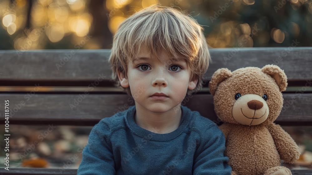 Young boy sitting on park bench with teddy bear, thoughtful and innocent expression, childhood moment in nature, autumn scenery with soft warm light Young boy sitting on park bench with teddy bear, thoughtful and innocent expression, childhood moment in nature, autumn scenery with soft warm light