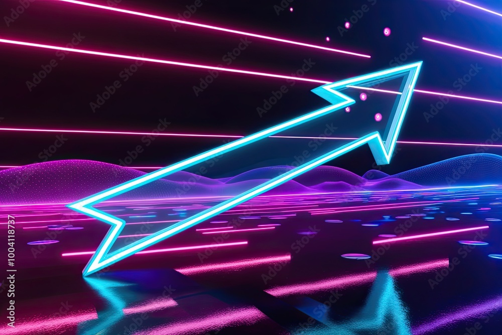 Futuristic 3D Neon Arrow Curving Left with Sparkling Highlights and Bright Lines in a Digital Environment Futuristic 3D Neon Arrow Curving Left with Sparkling Highlights and Bright Lines in a Digital Environment
