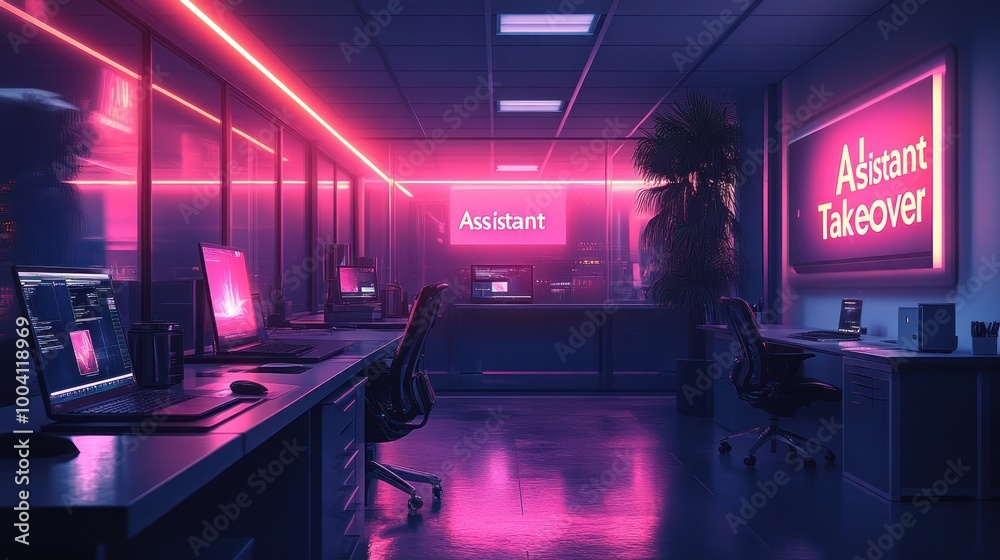 Modern office with neon lights and glowing AI signs Modern office with neon lights and glowing AI signs