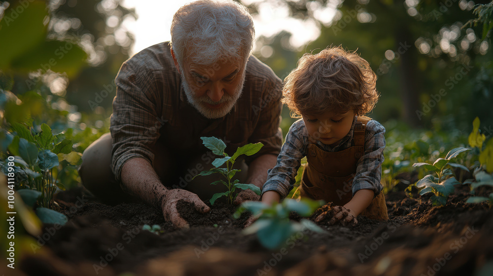 Grandfather and grandson planting young saplings together in a lush garden, bonding over gardening, multi-generational connection in nature, nurturing growth and environmental care Grandfather and grandson planting young saplings together in a lush garden, bonding over gardening, multi-generational connection in nature, nurturing growth and environmental care