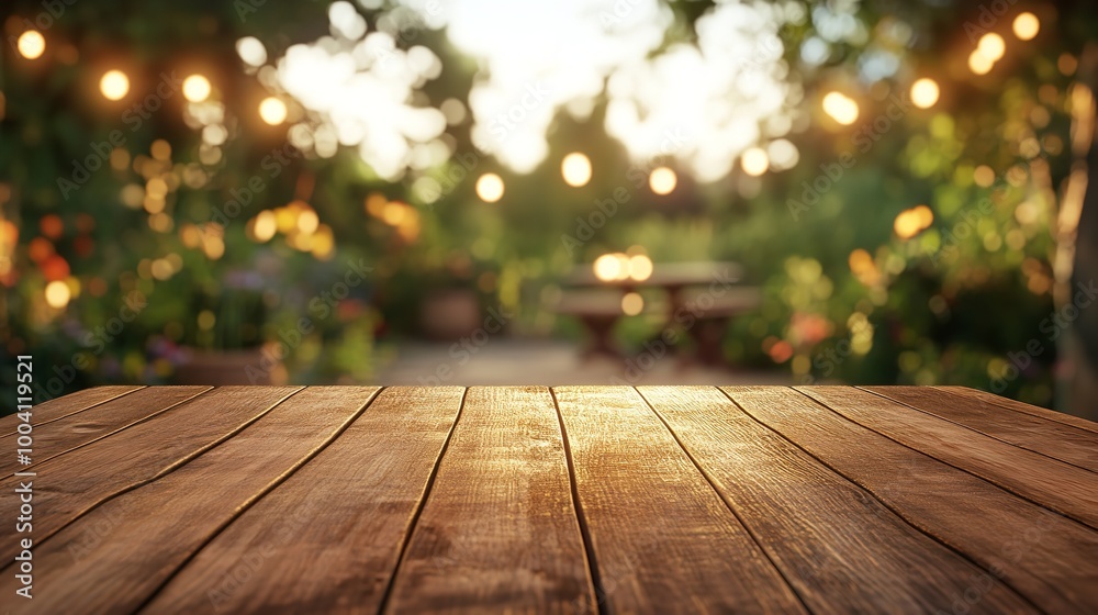 Empty Wooden Table with Party in Garden Background Empty Wooden Table with Party in Garden Background
