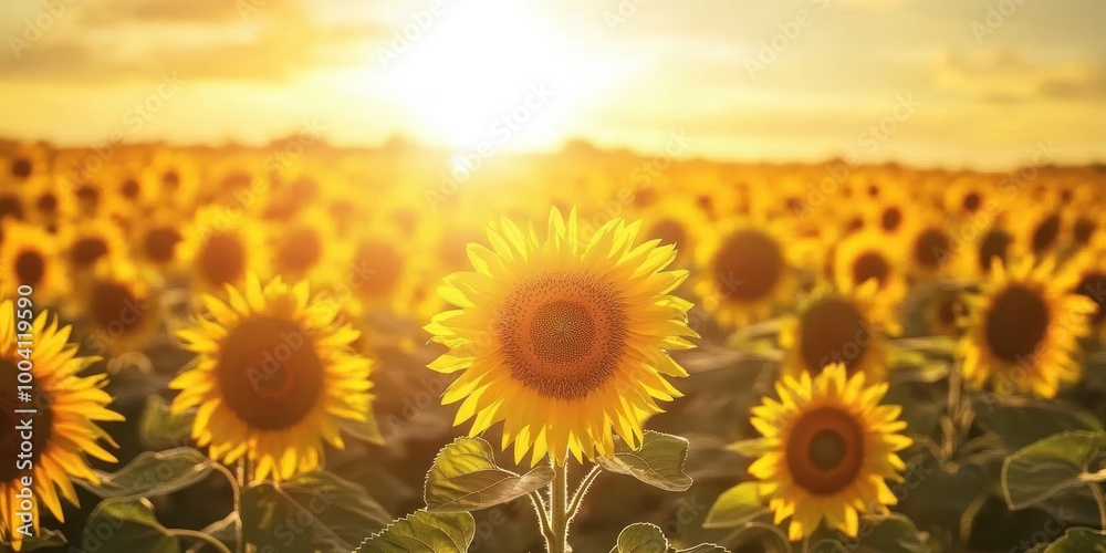 Fototapeta premium A vibrant field of sunflowers basking in the warm sunlight at sunset, symbolizing joy and positivity in nature.