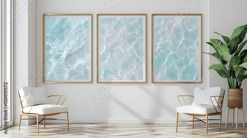 Beautiful, calming ocean water photo set in gold frames