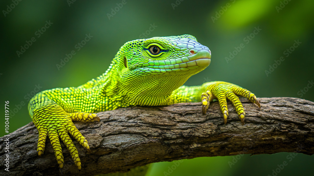 A vibrant green tree monitor basking on a branch A vibrant green tree monitor basking on a branch