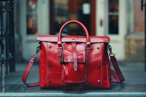 Red leather travel bag is sitting on a step in front of a building photo