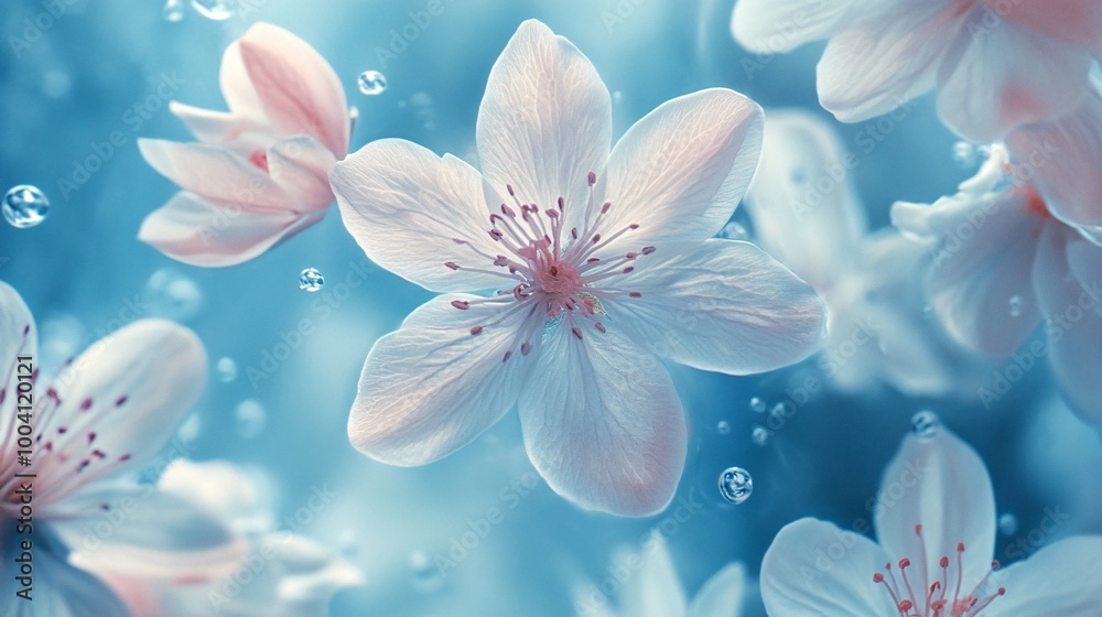 Delicate Pink Cherry Blossoms Floating in a Dreamy Blue Background with Water Droplets Delicate Pink Cherry Blossoms Floating in a Dreamy Blue Background with Water Droplets