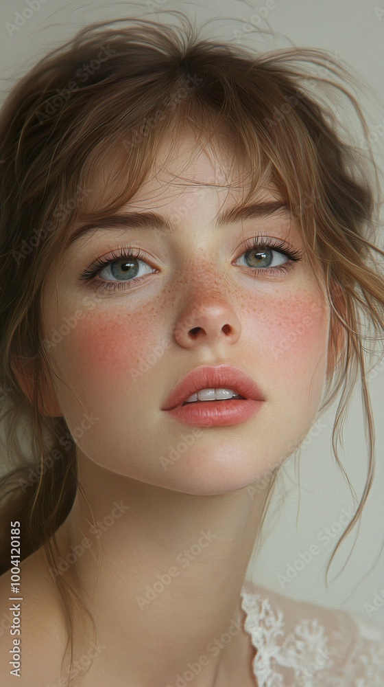 Close-Up Portrait of a Young Woman with Freckles and Green Eyes Close-Up Portrait of a Young Woman with Freckles and Green Eyes