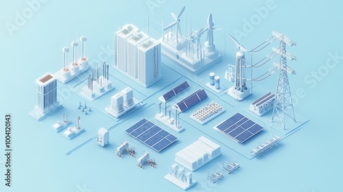 This is a modern illustration of a solar cell equipment component for solar plant energy in an isometric view of an on-grid inverter system.