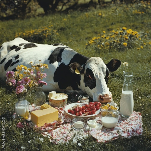 Laid-back cow amidst dairy delights in meadowscape. photo