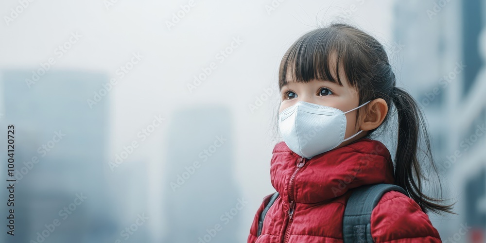 A young girl wearing a mask stands outdoors, showing resilience in the face of urban pollution and health awareness. A young girl wearing a mask stands outdoors, showing resilience in the face of urban pollution and health awareness.