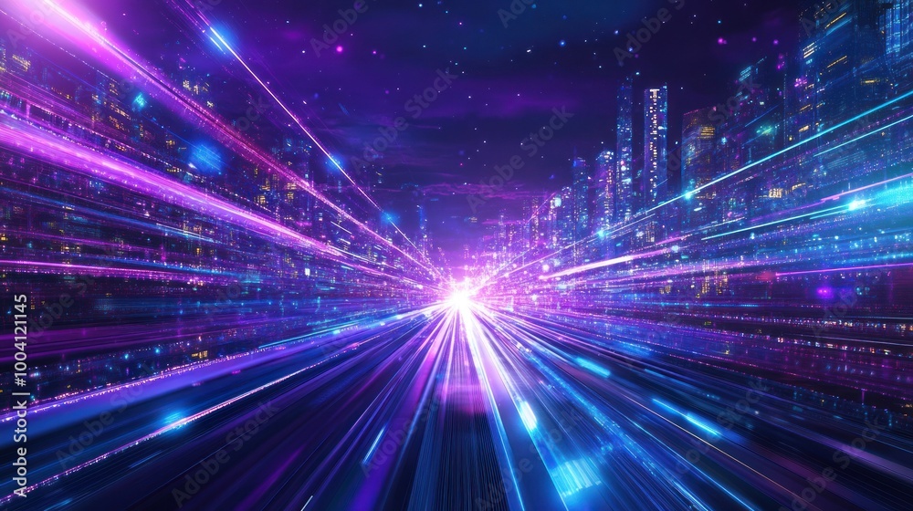 Starry night cityscape with radiant neon light streaks. Starry night cityscape with radiant neon light streaks.