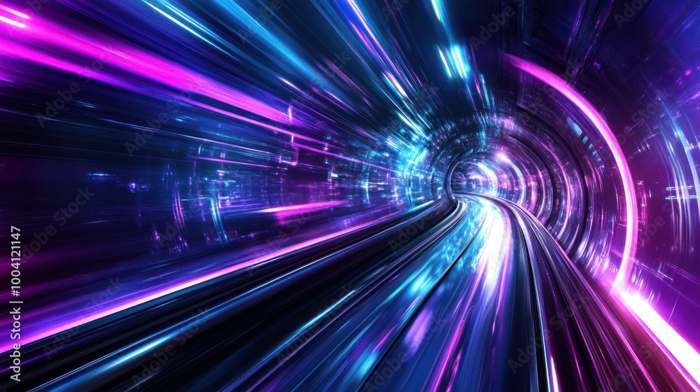 Neon-lit tunnel with spiraling blue and pink trails. Neon-lit tunnel with spiraling blue and pink trails.