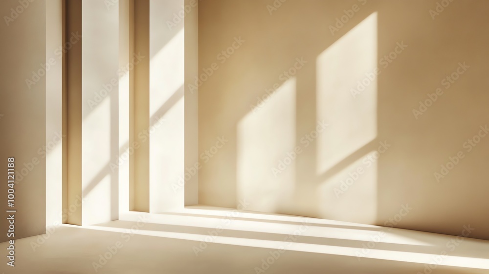 Minimalist interior design with a beige wall, a window and a beam of light. Minimalist interior design with a beige wall, a window and a beam of light.