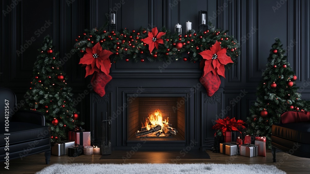 Cozy holiday scene with a decorated fireplace and Christmas trees.