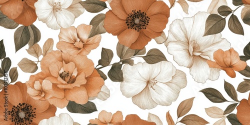 A floral pattern featuring orange and white flowers with green leaves on a light background.