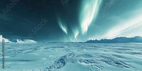 Breathtaking northern lights illuminate a vast icy landscape, creating a serene and magical winter scene in the Arctic wilderness.