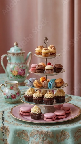 Wallpaper Mural Afternoon Tea Delights: A charming vintage tea set graces a table adorned with a delicate floral tablecloth, presenting a tiered stand overflowing with delectable pastries, macarons, and cupcakes. Torontodigital.ca