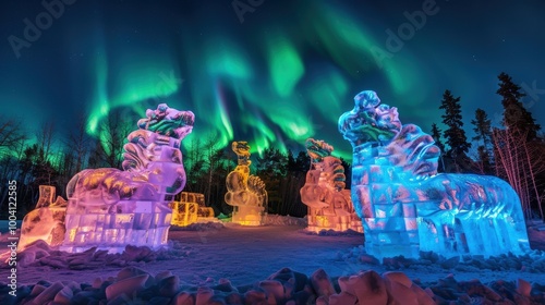 Vibrant Ice Animal Sculptures Under Northern Lights photo