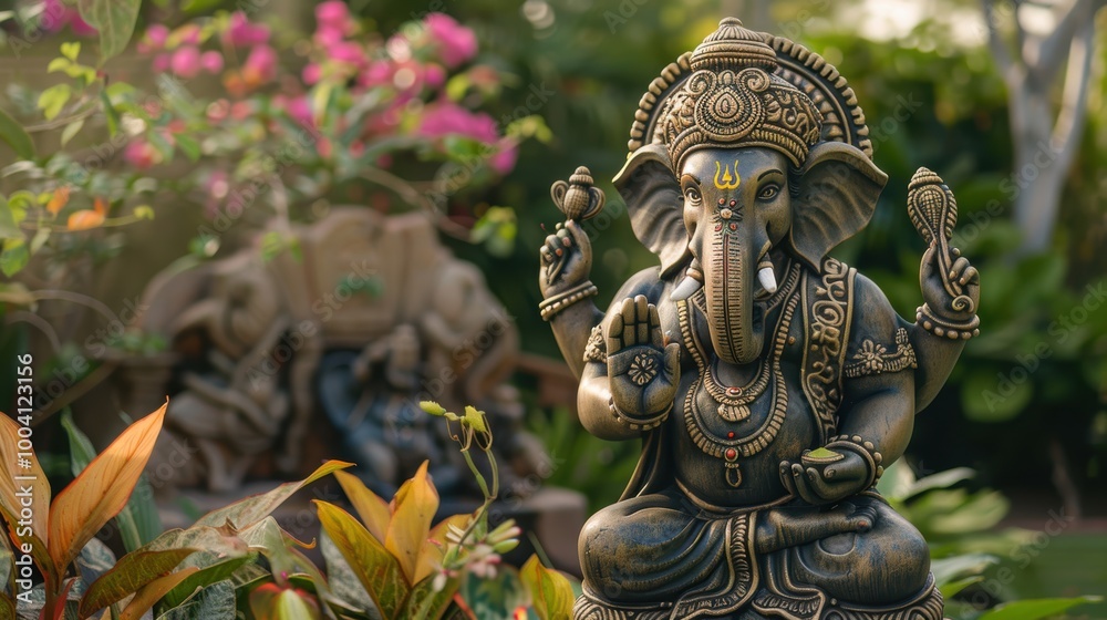 Fototapeta premium Lord Ganesh Statue in Serene Garden Setting