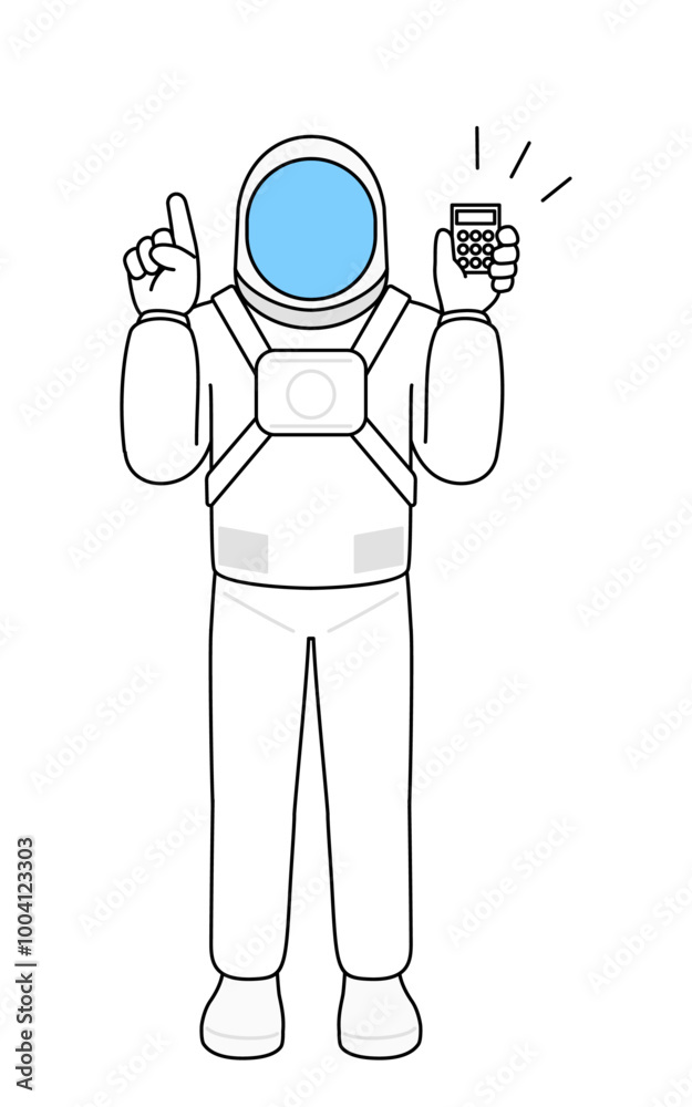 Astronaut holding a calculator and pointing. Astronaut holding a calculator and pointing.