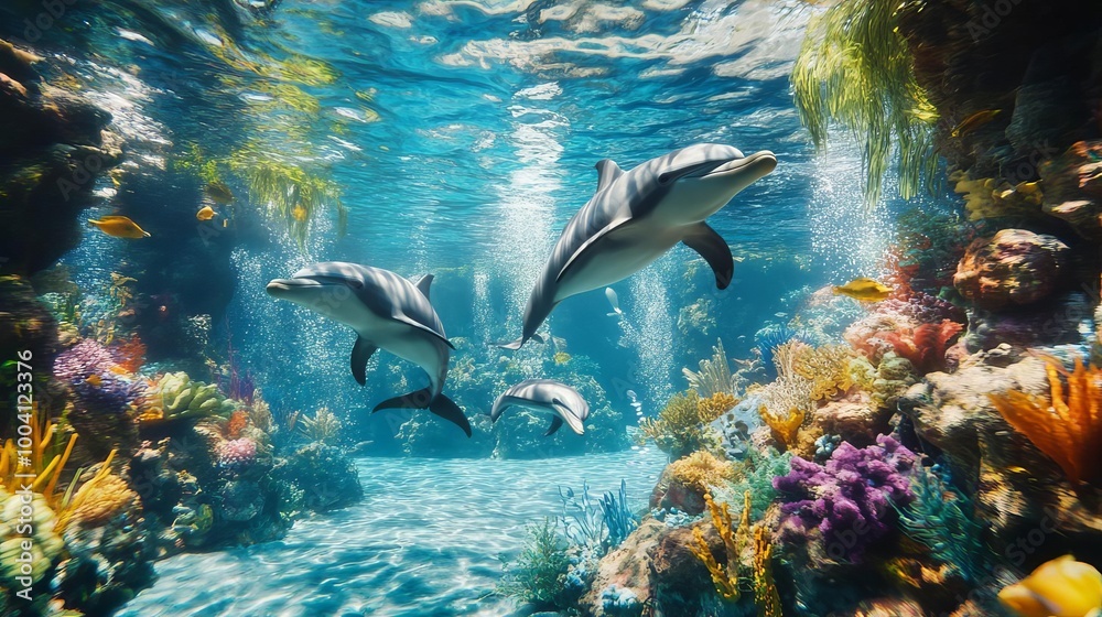 Fototapeta premium Dolphins Swimming Through Colorful Coral Reef