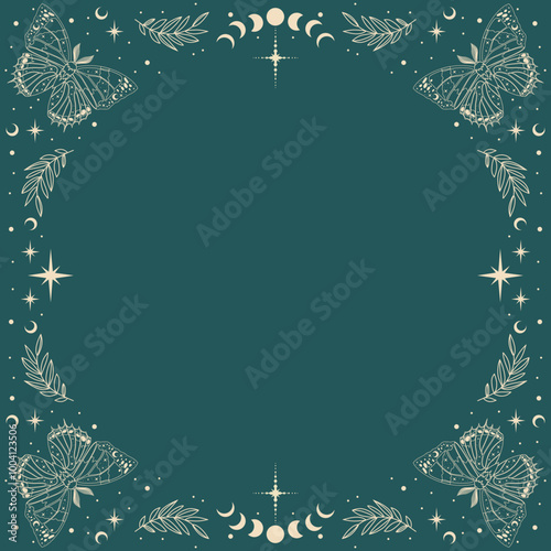 Magic blue vector frame with butterflies, plants, moon, stars. Mystic frame for tarot, esoteric, astrology design. Template for poster and prints.