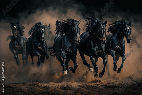 A herd of black horses running in the dust on a dark background.