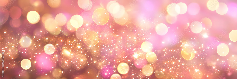 Abstract Christmas bokeh background - gold, pink blurred glitter lights - banner, header, panorama