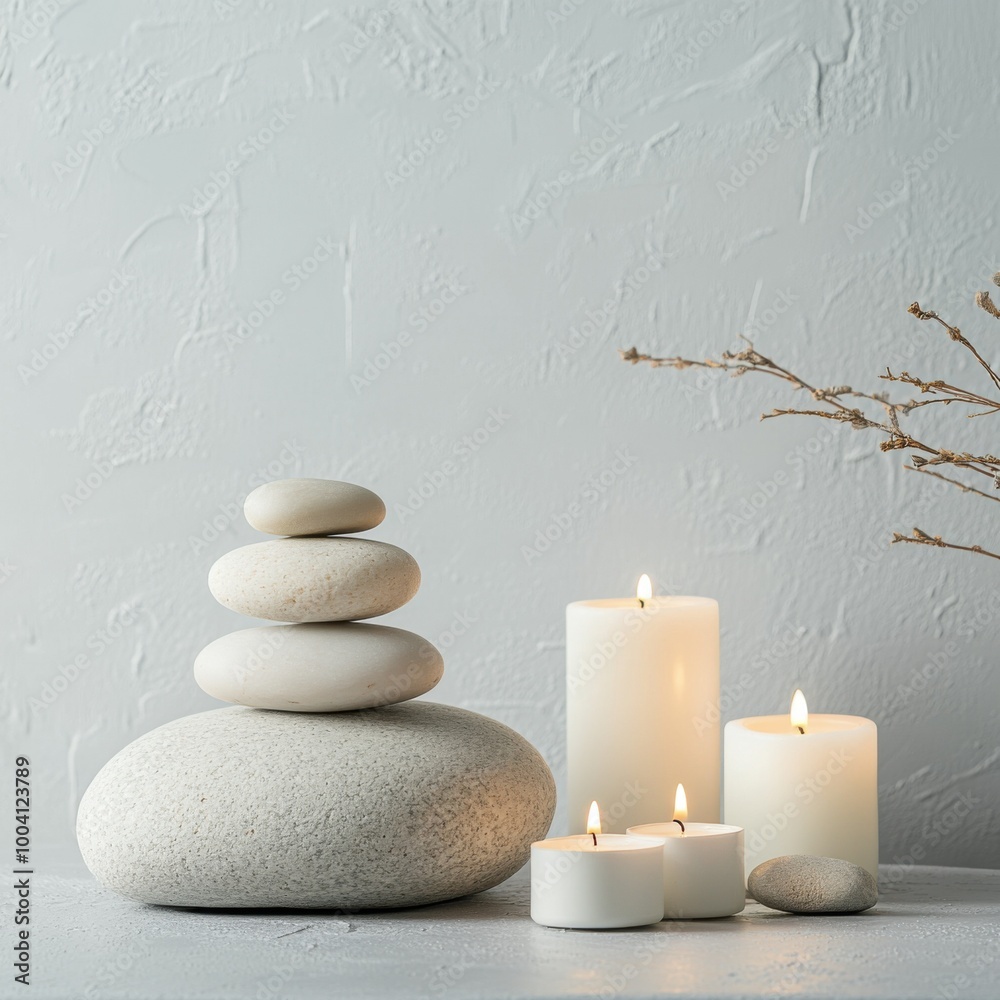 Serene Spa Still Life: A tranquil scene of stacked stones, flickering candles, and dried branches evokes a sense of peace and tranquility. Perfect for capturing the essence of mindfulness. Serene Spa Still Life: A tranquil scene of stacked stones, flickering candles, and dried branches evokes a sense of peace and tranquility. Perfect for capturing the essence of mindfulness.