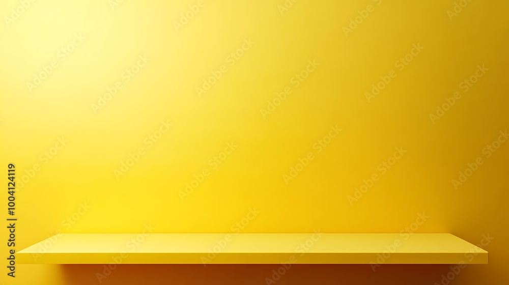  3D background studio room for product presentation. Yellow wall and floor with a podium. Tabletop with sunlight from the window. Illustration template with countertop in the kitchen. 