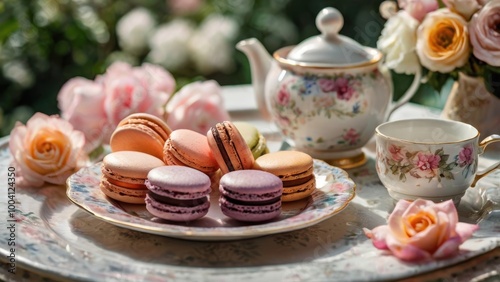 Wallpaper Mural Afternoon Tea Delights: Pastel Macarons and Roses. Elegant tea party scene with delicate pastel macarons, a floral teapot, and a charming teacup. Torontodigital.ca