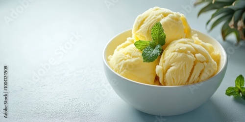 Delicious creamy ice cream scoops in a white bowl, garnished with mint leaves against a soft pastel background.