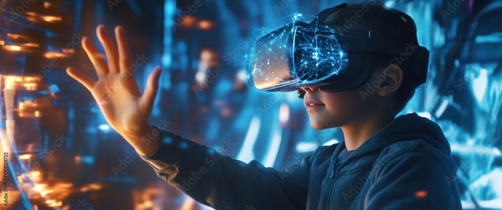 Child exploring virtual reality with headset device Child exploring virtual reality with headset device